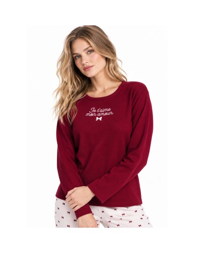 Pijama Llarg per a Dona Je T'Aime Bordeus 100% Cotó amb Llacets - ADMAS