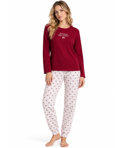 Pijama Llarg per a Dona Je T'Aime Bordeus 100% Cotó amb Llacets - ADMAS