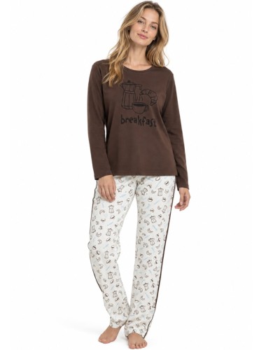 Pijama Llarg Dona Breakfast Xocolata 100% Cotó Cafè i Croissant - ADMAS