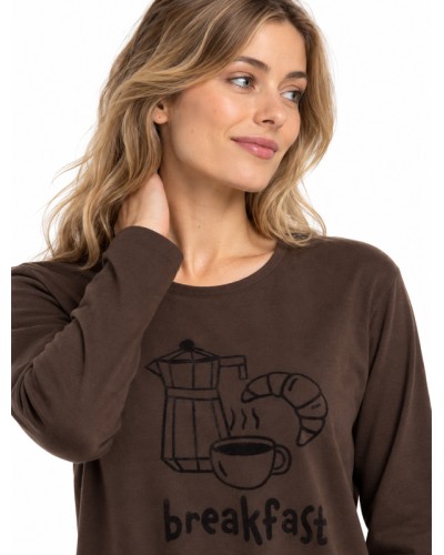 Pijama Llarg Dona Breakfast Xocolata 100% Cotó Cafè i Croissant - ADMAS