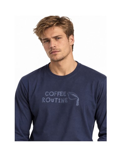Pijama Llarg Home Coffee Routine Marí de Cotó amb Pantalons de Quadres - ADMAS