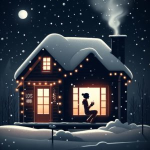 Paisatge nocturn d'hivern amb una casa coberta de neu i estels brillants al cel